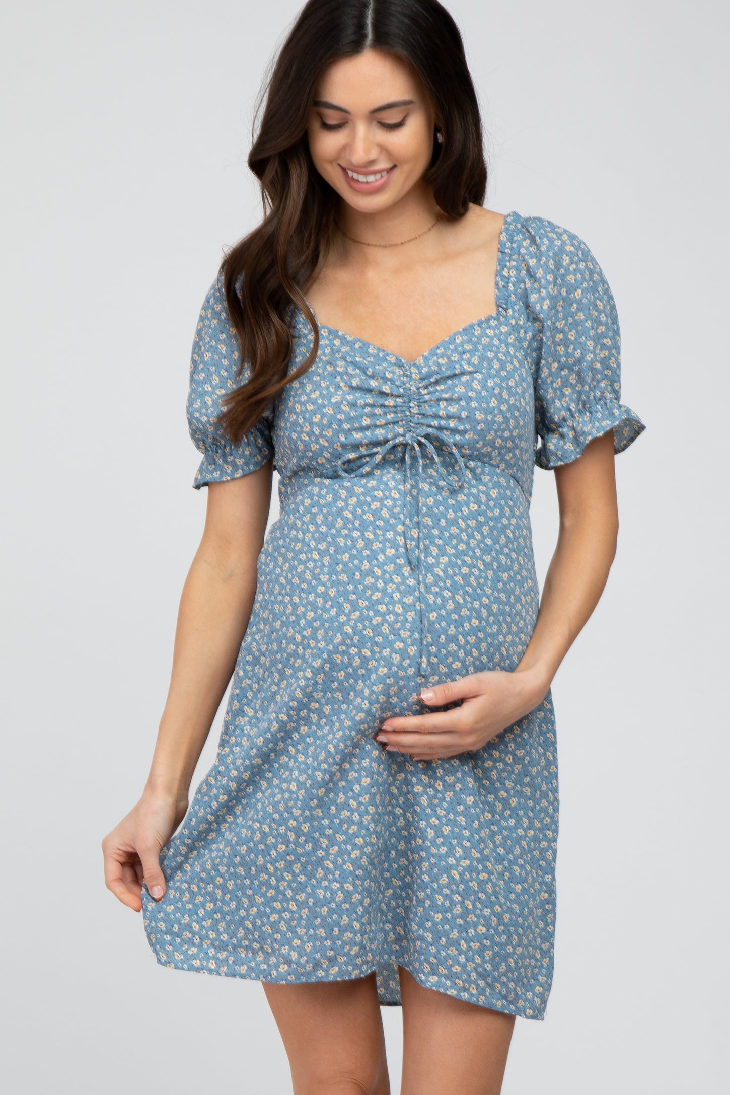Blue Floral Cinched Sweetheart Neck Maternity Dress– PinkBlush