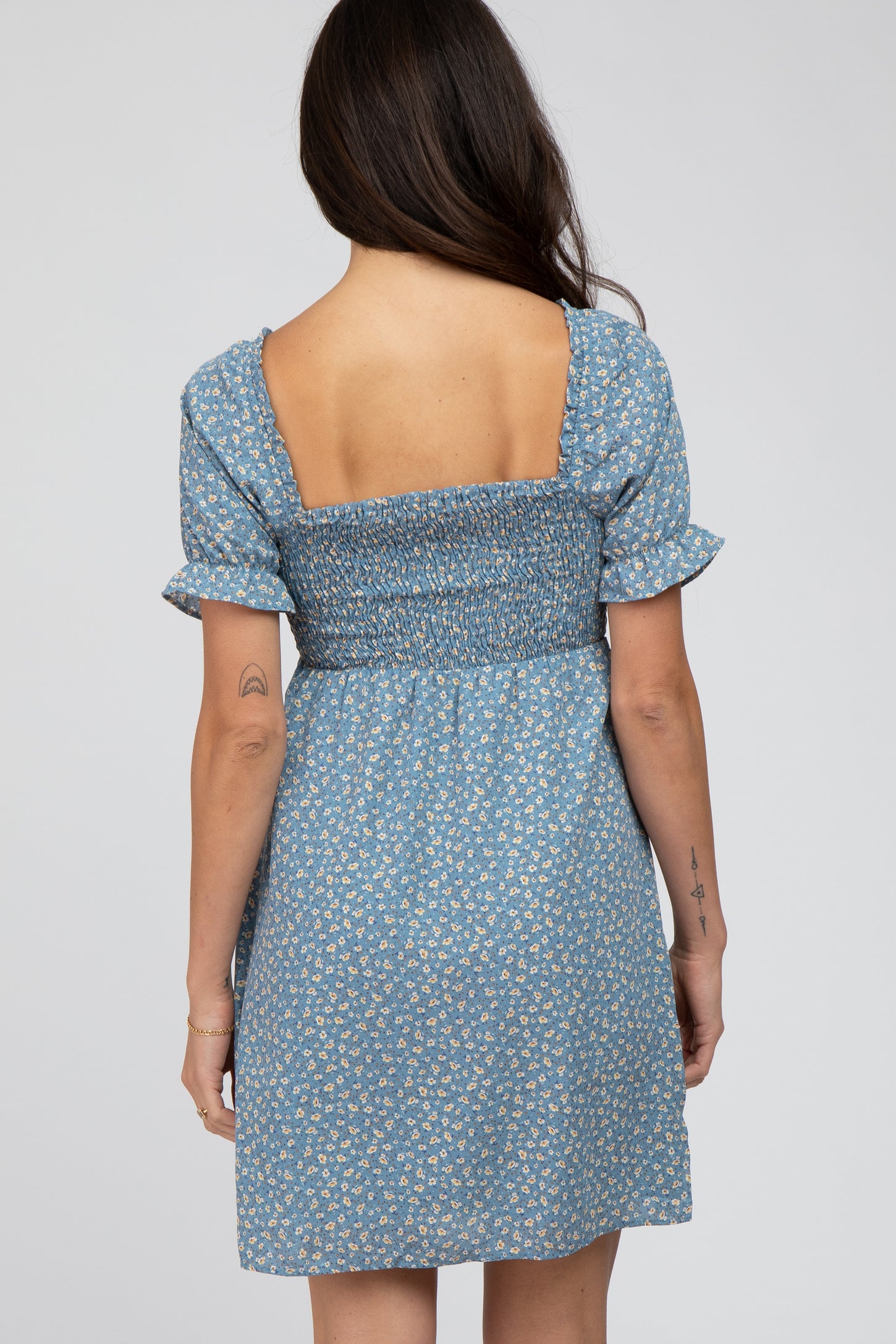 Blue Floral Cinched Sweetheart Neck Dress