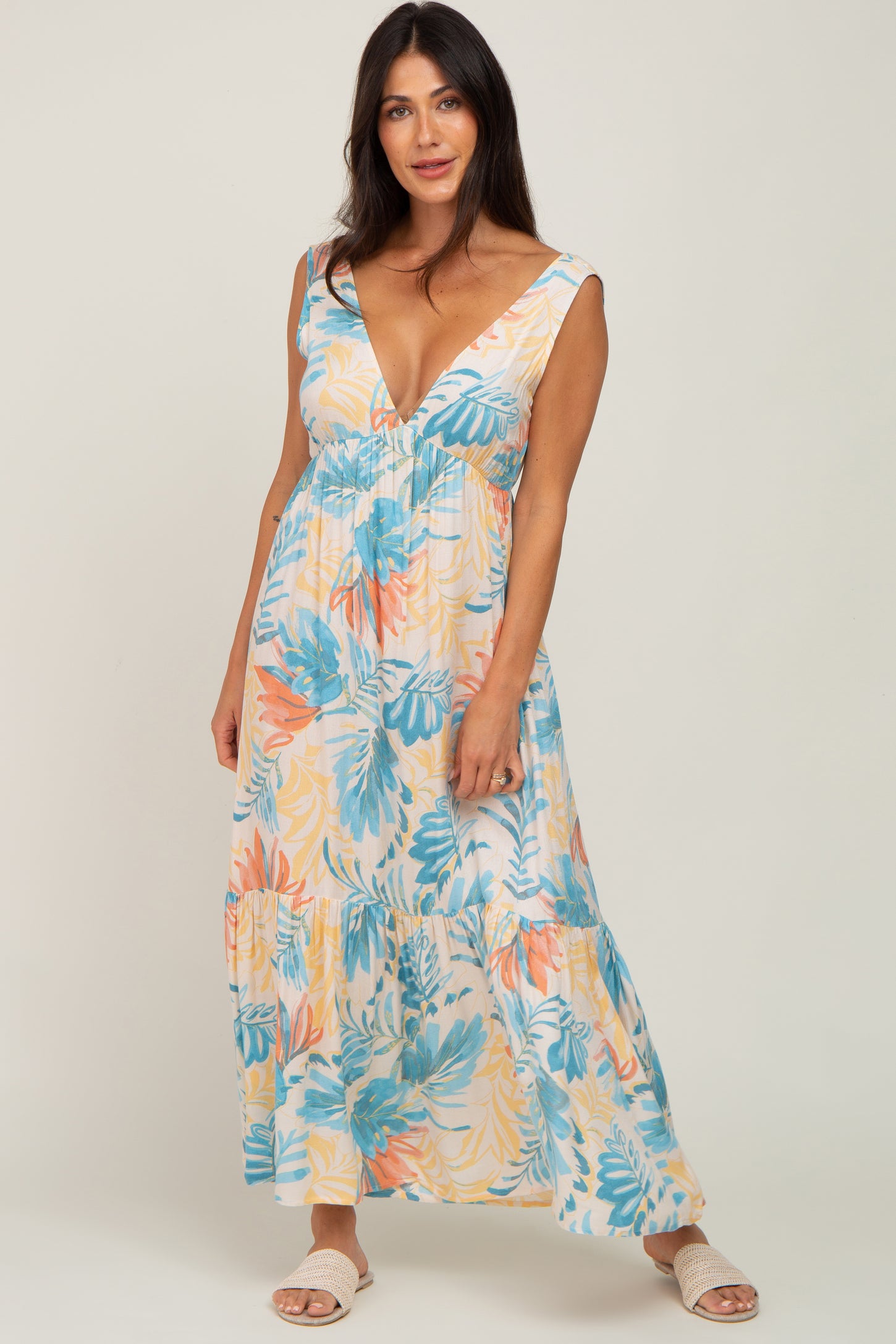 Multicolor Leaf Print Sleeveless Maxi Dress