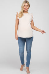 Beige Ruffle Accent High Neck Maternity Top