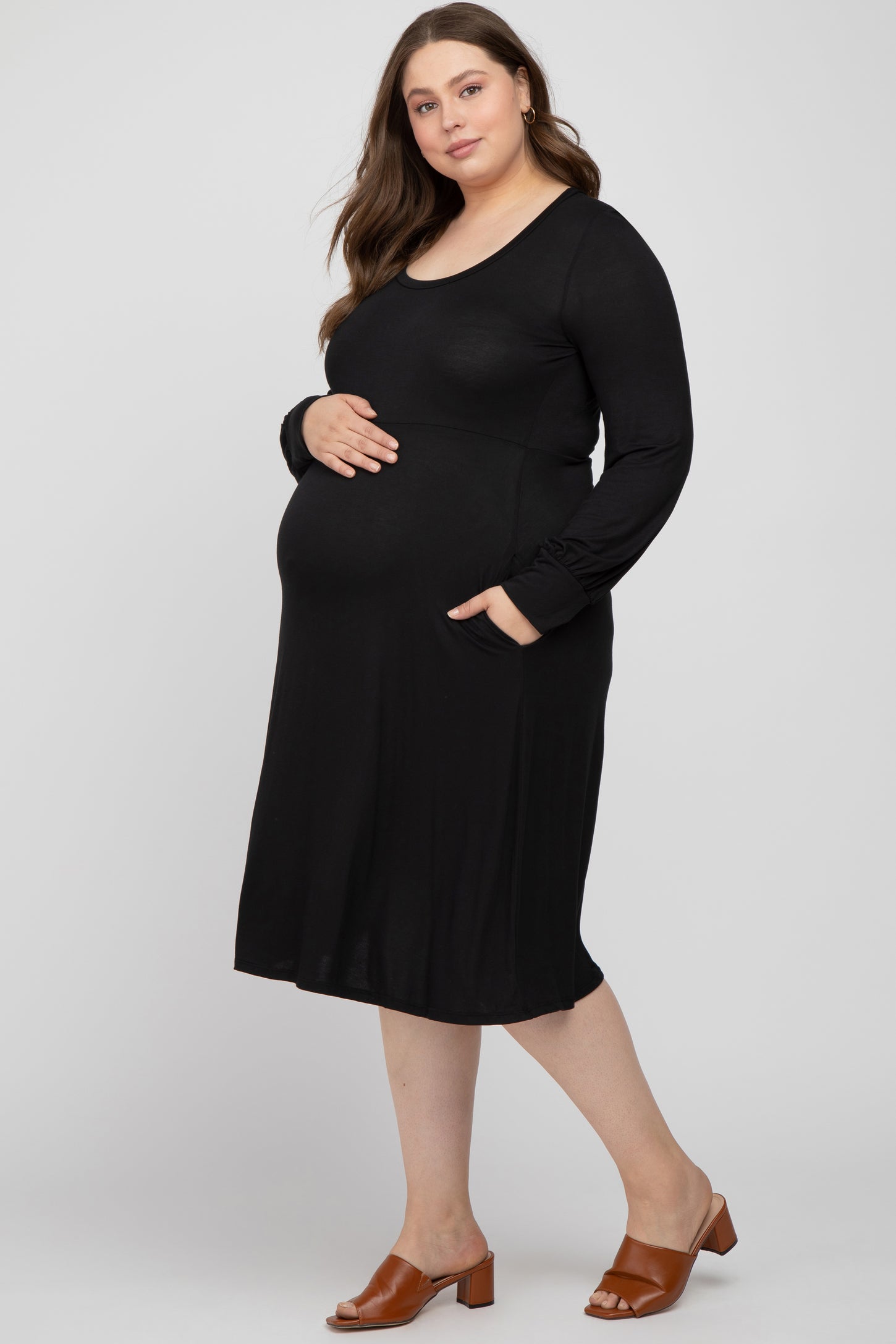 Black Bubble Sleeve Maternity Plus Midi Dress Black Bubble Sleeve Maternity Plus Midi Dress
