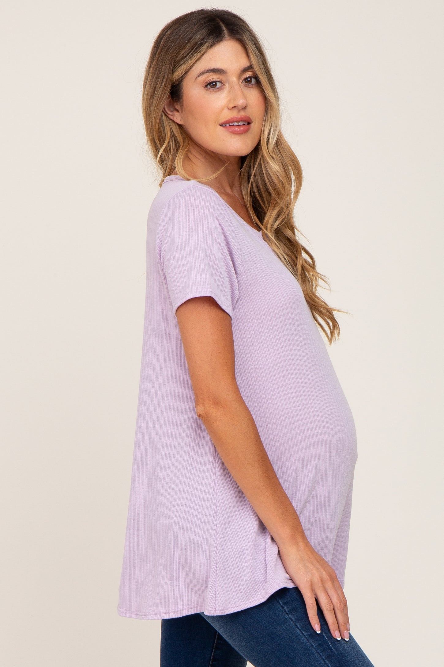 Lavender Ribbed Short Sleeve Maternity Top