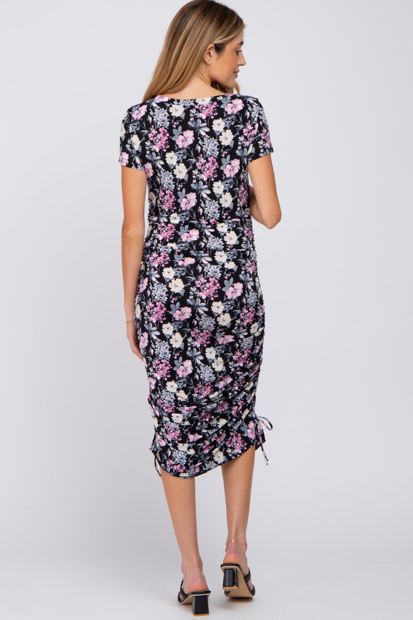 Black Floral Fitted Ruched Maternity Midi Dress