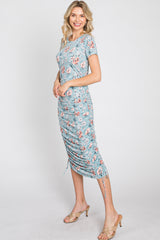 Light Blue Floral Fitted Ruched Midi Dress