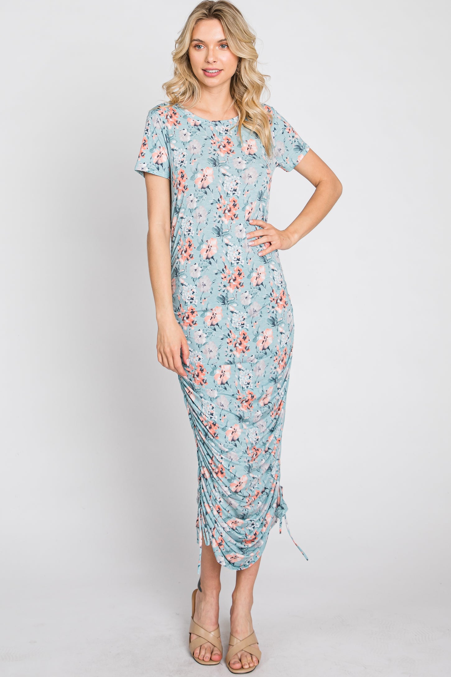 Light Blue Floral Fitted Ruched Midi Dress