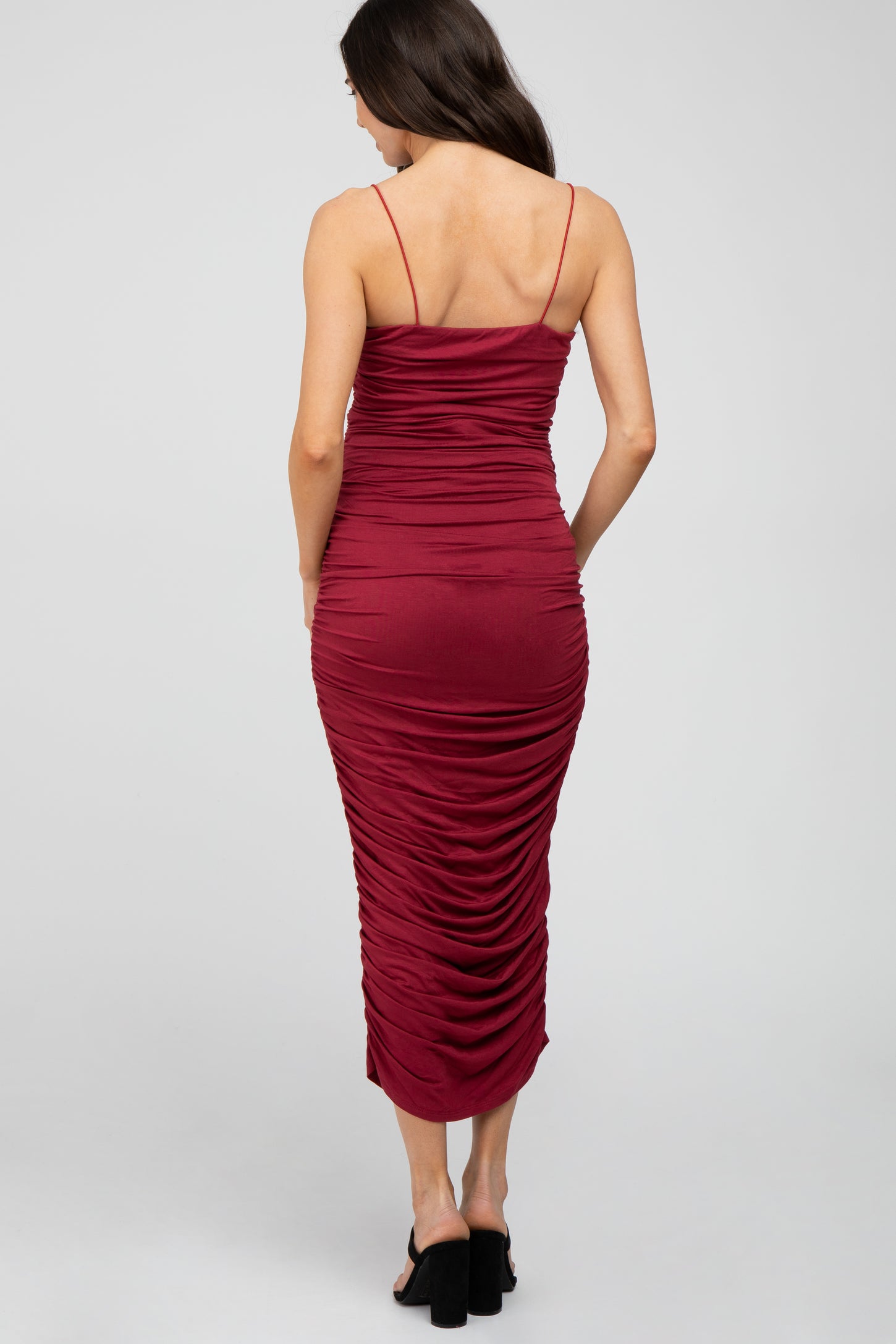 Burgundy Ruched Fitted Maternity Maxi Dress – PinkBlush