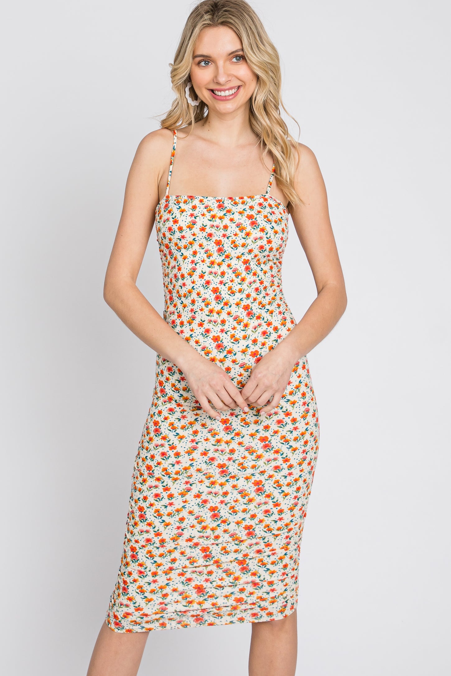 floral ribbed dress Floral Ribbed Ruffle Sleeve Dress