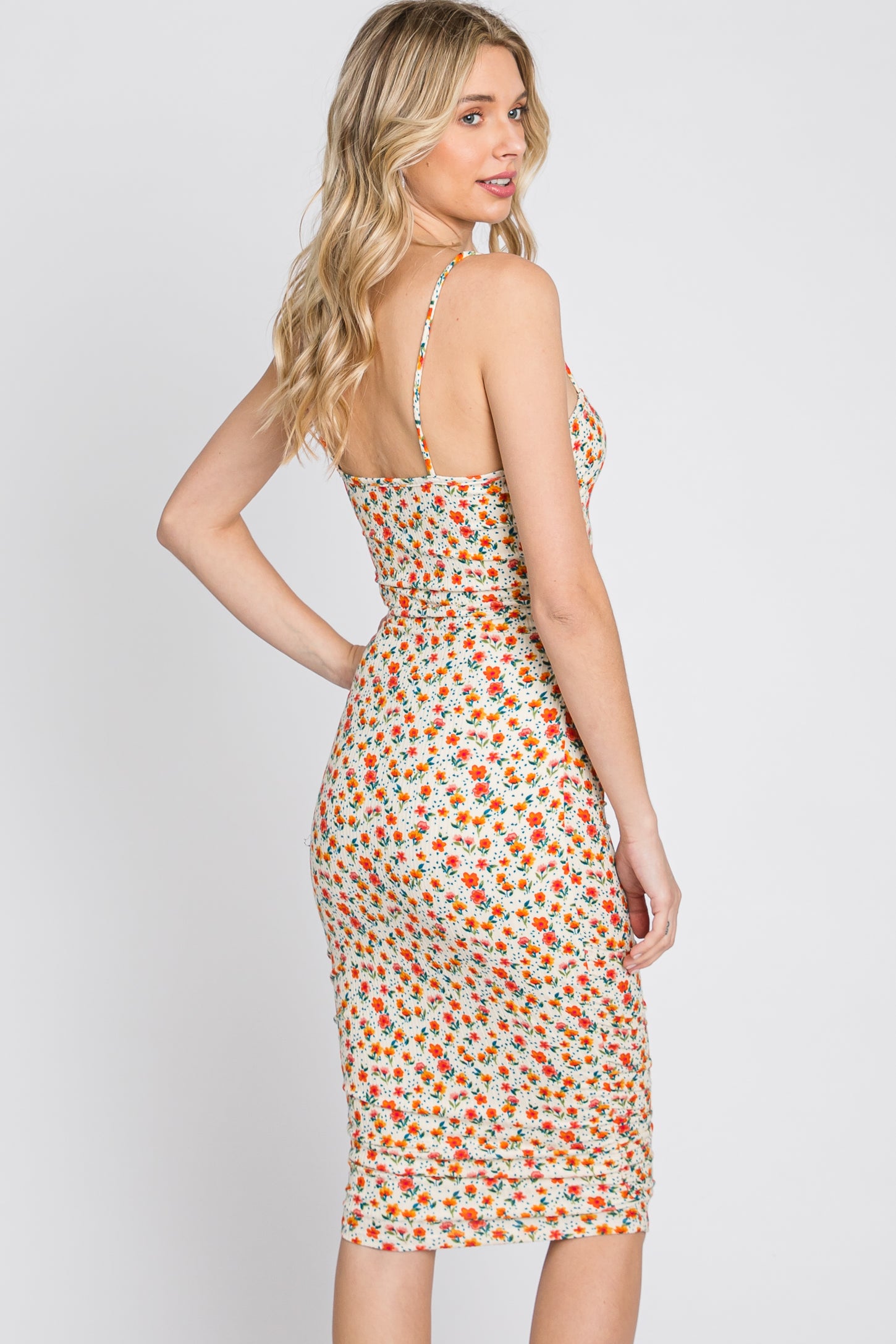 Ivory Floral Ribbed Fitted Dress