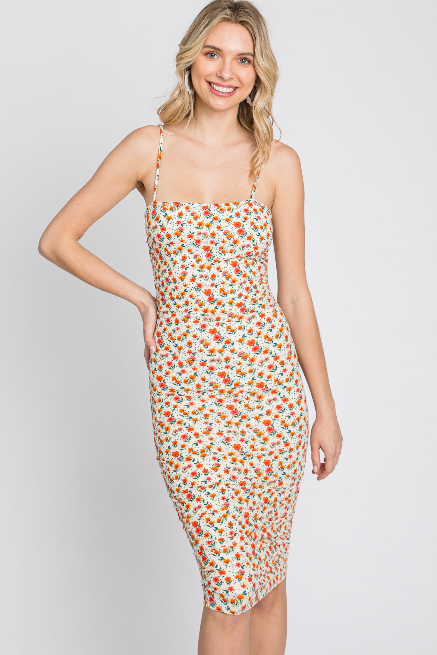 Ivory Floral Ribbed Fitted Dress