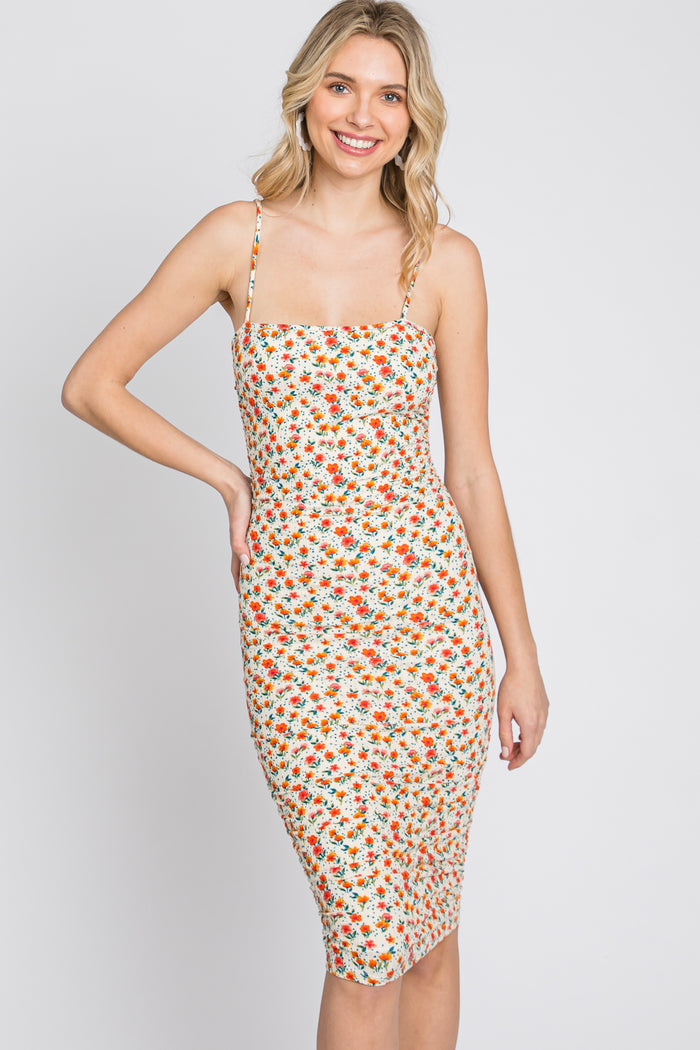 Ivory Floral Ribbed Fitted Dress