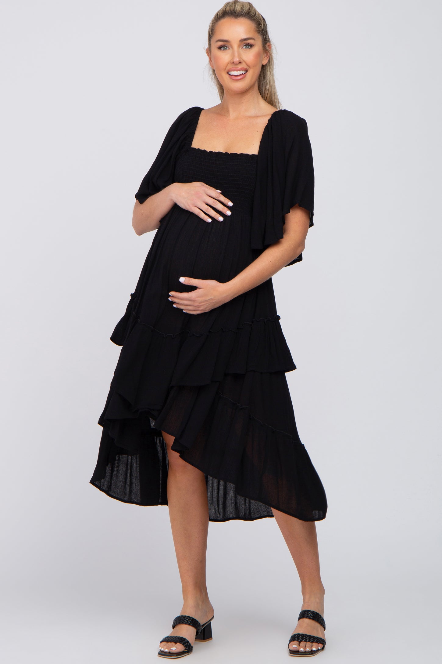 Black Smocked Asymmetric Tiered Maternity Midi Dress