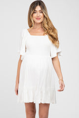 White Smocked Tie Back Maternity Dress