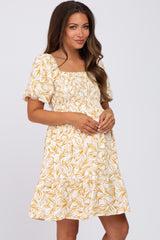 Yellow Leaf Print Smocked Maternity Dress
