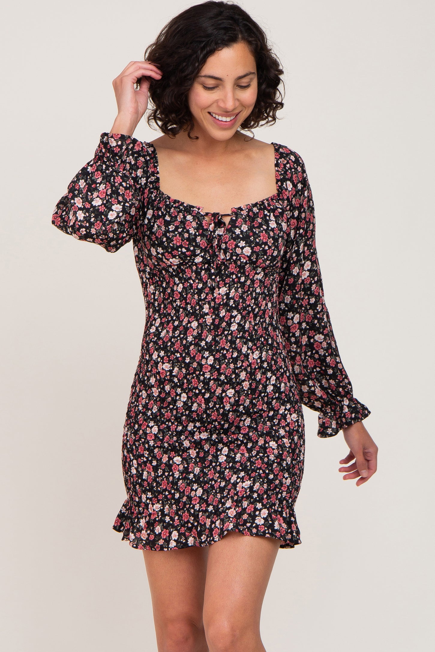 Black Floral Sweetheart Neck Smocked Long Sleeve Maternity Dress– PinkBlush