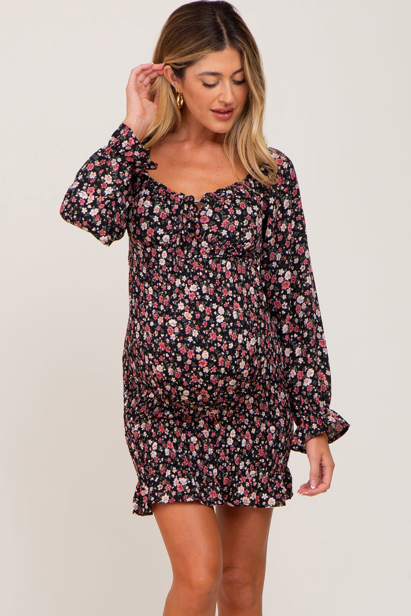 Black Floral Sweetheart Neck Smocked Long Sleeve Maternity Dress– PinkBlush