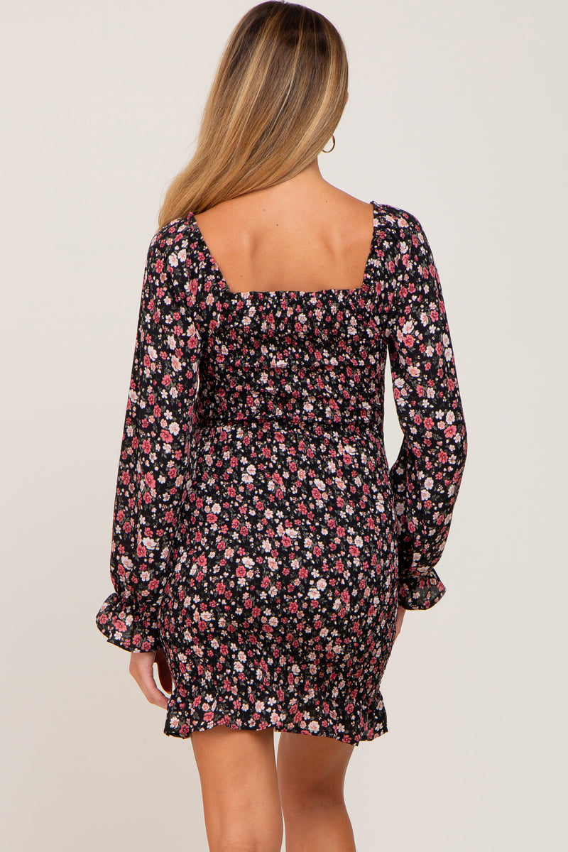 Black Floral Sweetheart Neck Smocked Long Sleeve Maternity Dress ...