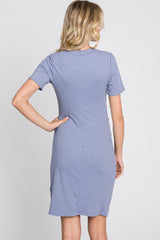 Blue Ribbed Ruched Side Fitted Short Sleeve Dress