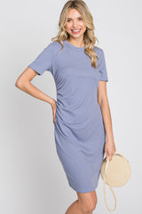 Blue Ribbed Ruched Side Fitted Short Sleeve Dress