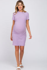 Violet Ribbed Ruched Side Fitted Short Sleeve Maternity Dress