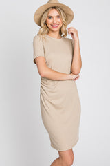 Beige Ribbed Ruched Side Fitted Short Sleeve Dress