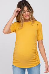 Yellow Ribbed Puff Sleeve Ruched Maternity Top