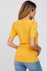 Yellow Ribbed Puff Sleeve Ruched Maternity Top
