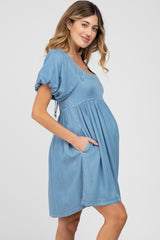 Blue Puff Sleeve Maternity Dress