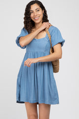Blue Puff Sleeve Maternity Dress