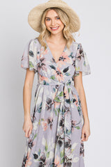 Lavender Floral Chiffon Short Sleeve Side Slit Maxi Dress