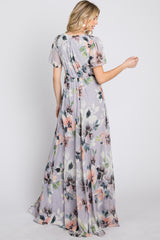 Lavender Floral Chiffon Short Sleeve Side Slit Maxi Dress