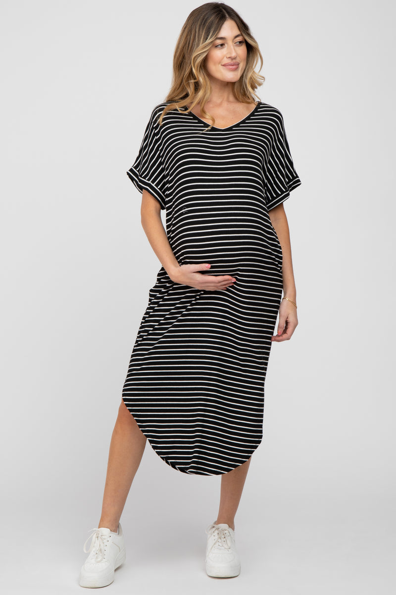 Ivory/Black Striped Contrast Ribbed Knit Sleeveless Maternity Maxi Dress main image 1