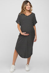 Black Striped Ribbed Curved Hem Maternity Midi Dress