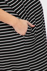 Black Striped Ribbed Curved Hem Maternity Midi Dress