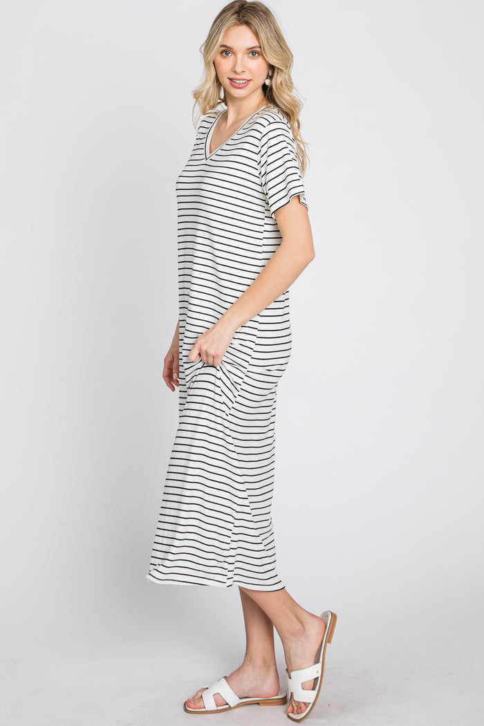 Ivory Striped Ribbed Midi Dress