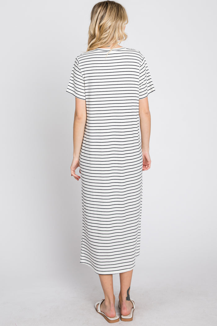 Ivory Striped Ribbed Midi Dress