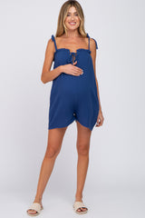 Navy Blue Ruffle Cutout Front Tie Strap Maternity Romper