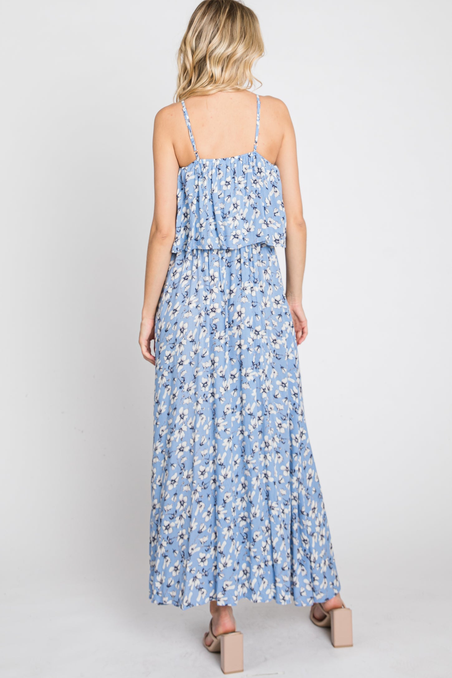 Light Blue Floral Flounce Maxi Dress