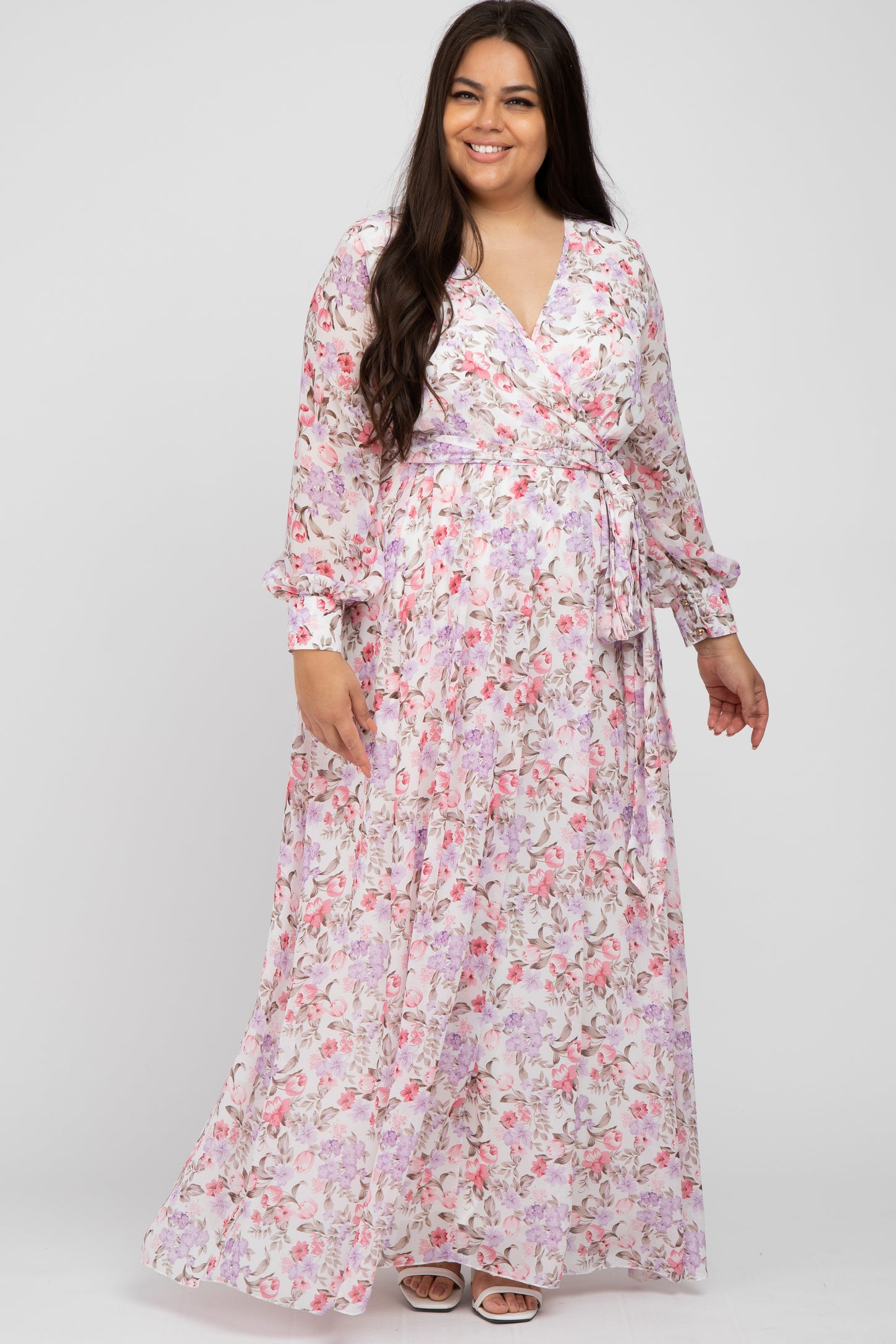 White Floral Chiffon Long Sleeve Pleated Plus Maxi Dress– PinkBlush