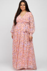 Pink Floral Chiffon Long Sleeve Pleated Plus Maxi Dress