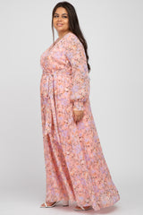 Pink Floral Chiffon Long Sleeve Pleated Plus Maxi Dress