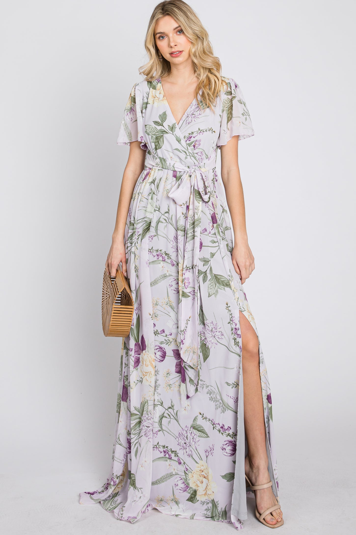 Lavender Floral Chiffon Short Sleeve Maxi Dress– PinkBlush