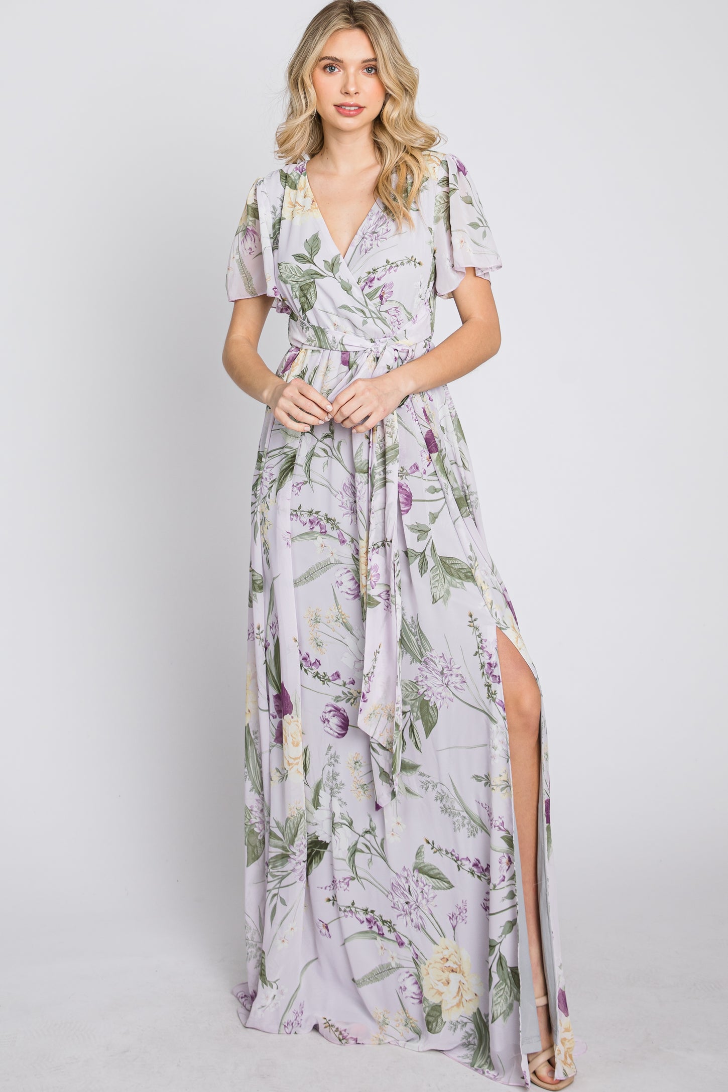 Lavender Floral Chiffon Short Sleeve Maxi Dress