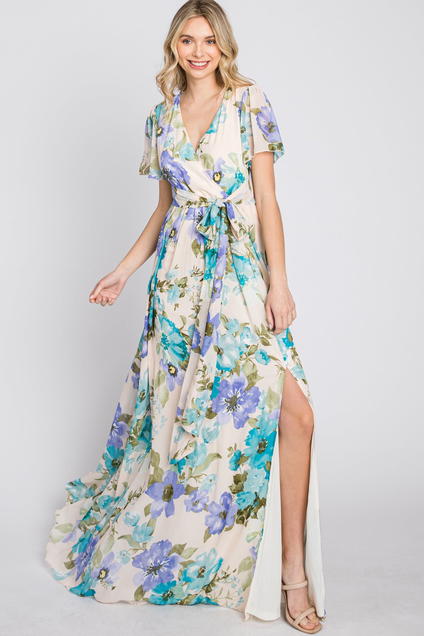 Blue Floral Chiffon Short Sleeve Side Slit Maxi Dress– PinkBlush