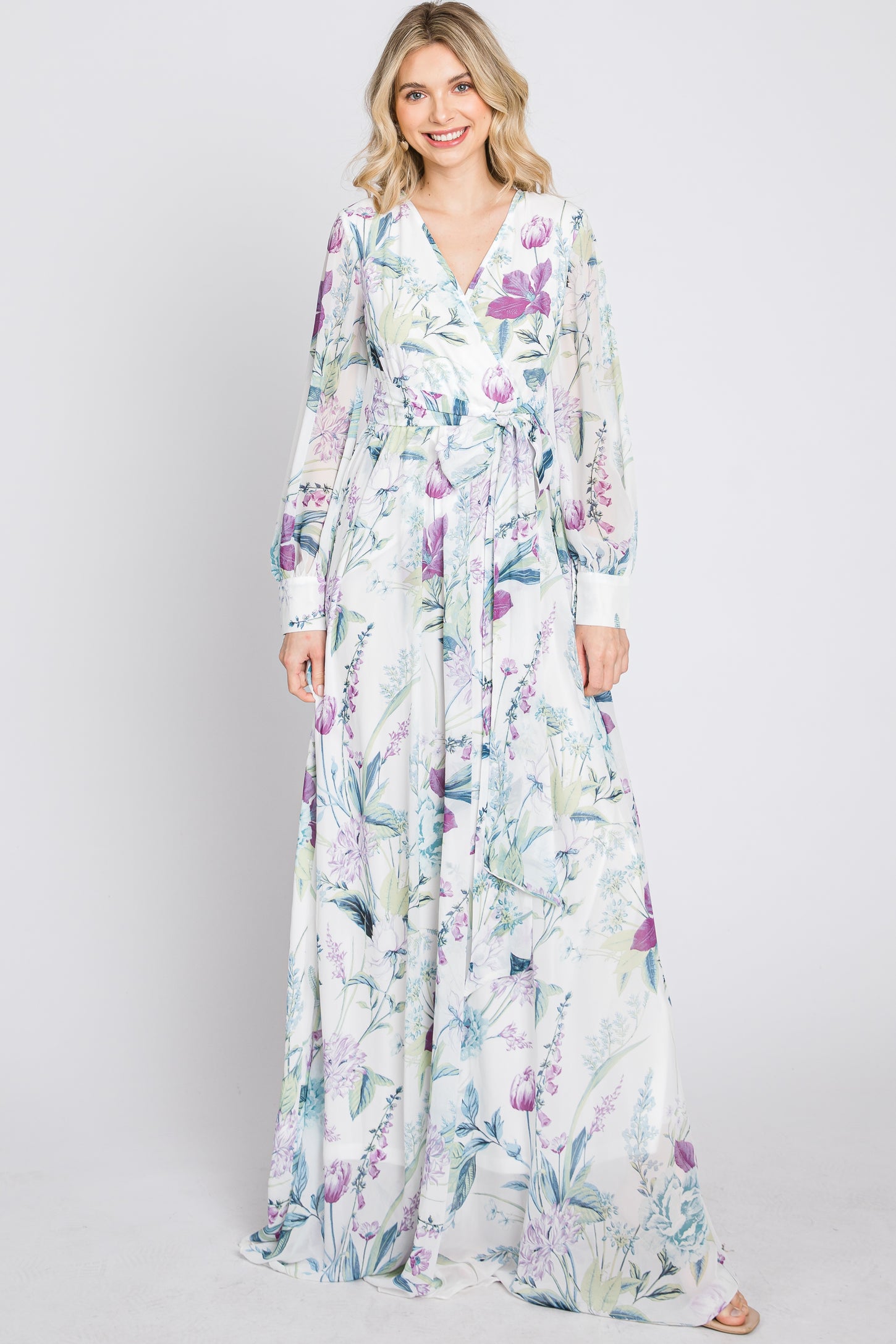 White Floral Chiffon Long Sleeve Pleated Maternity Maxi Dress