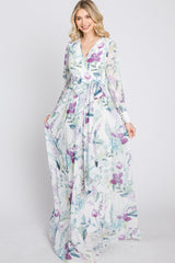 White Floral Chiffon Long Sleeve Pleated Maxi Dress