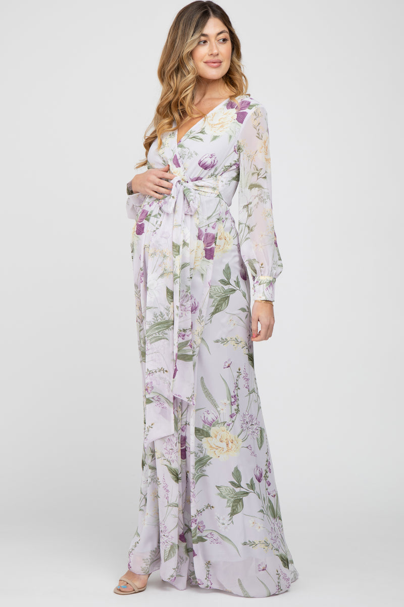 Lavender Floral Chiffon Long Sleeve Pleated Maternity Maxi Dress– PinkBlush
