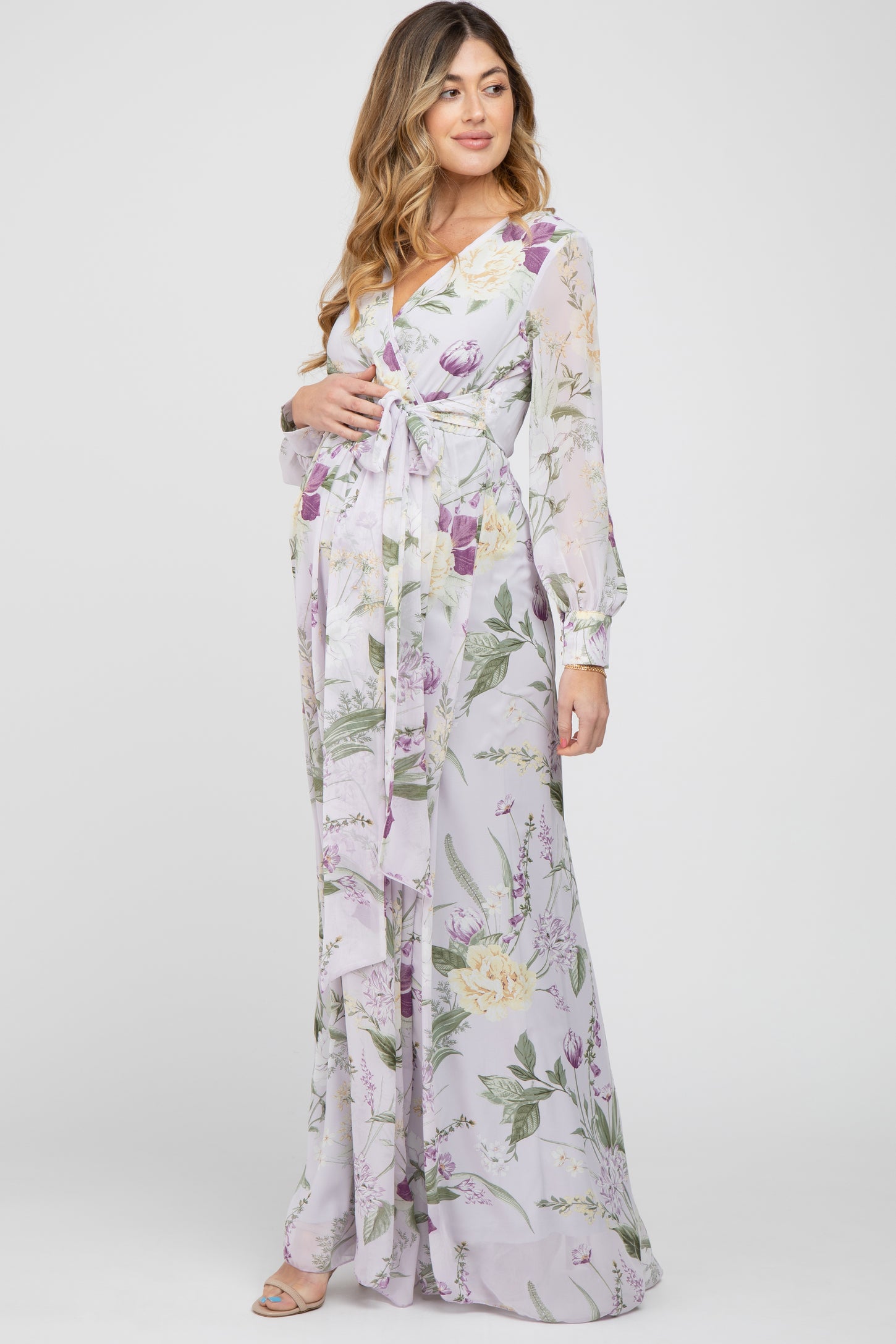 lavender maternity dress long sleeve Lavender V-Neck Long Sleeve Fitted Maternity Maxi Dress Large