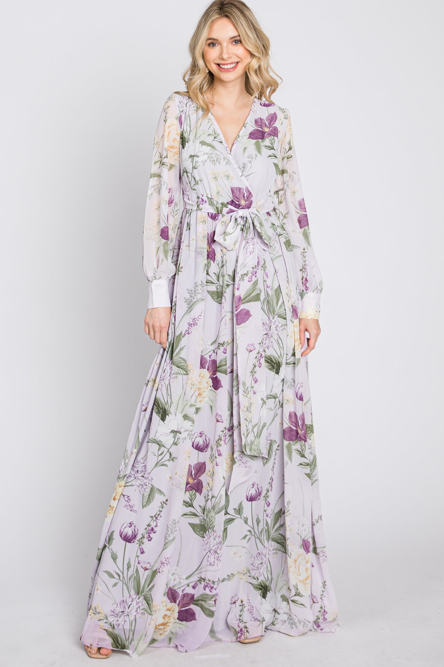 Lavender Floral Chiffon Long Sleeve Pleated Maxi Dress– PinkBlush