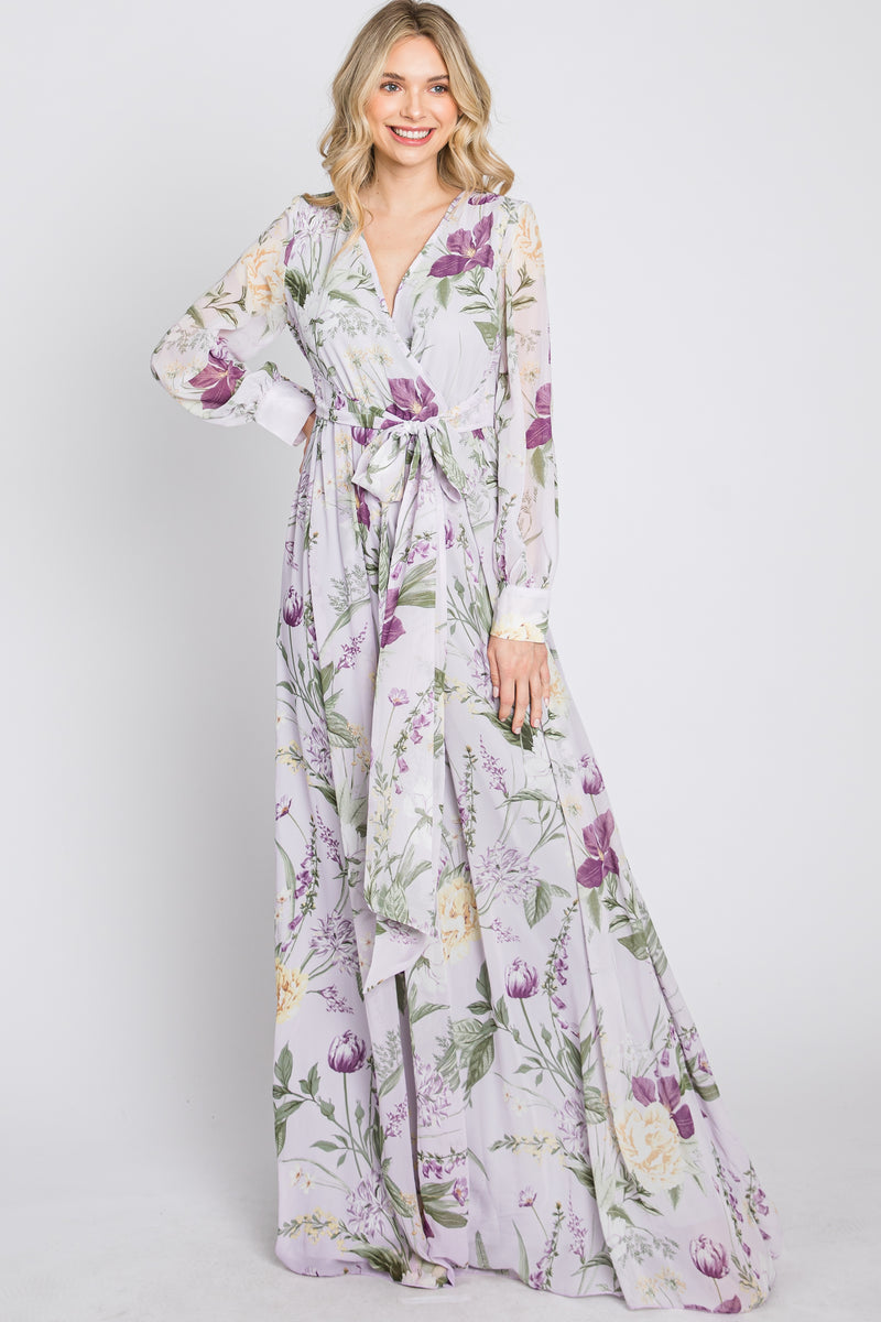 Lavender Floral Chiffon Long Sleeve Pleated Maxi Dress  PinkBlush