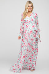 Ivory Floral Chiffon Long Sleeve Pleated Maternity Maxi Dress